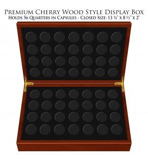 Deluxe Heirloom Cherry Wood Style Coin Presentation 56-Coin Display Box – Holds Any Coin Capsule with Outside Dimension of 1.25 Inches (24MM)