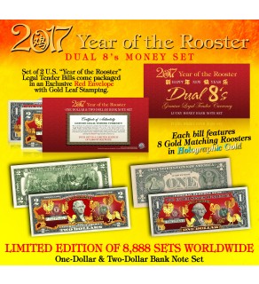 2017 YEAR OF THE ROOSTER $1 & $2 Chinese New Year Lucky Money Set - DUAL 8’s GOLD MATCHING ROOSTER’s Packaged in EXCLUSIVE Premium RED LUNAR ENVELOPE – Limited Edition of 8,888 Sets Worldwide