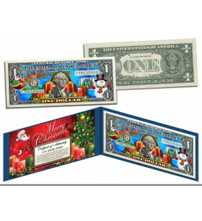 MERRY CHRISTMAS Keepsake Gift Colorized $1 Bill U.S. Legal Tender SANTA & SNOWMAN