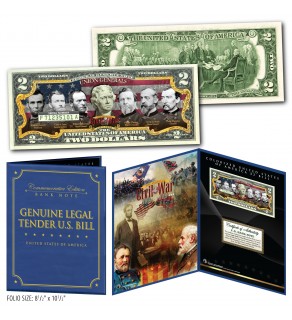 American Civil War UNION GENERALS Genuine Legal Tender U.S. $2 Bill in Large Collectors Folio Display 