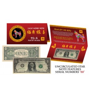 2018 CNY Chinese YEAR of the DOG Lucky Money S/N 88 U.S. $1 STAR NOTE Bill w/ Red Folder