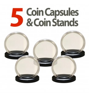 5 Coin Capsules & 5 Coin Stands for NICKEL - Direct Fit Airtight 21mm Holders