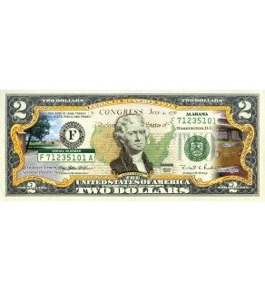ALABAMA State/Park COLORIZED Legal Tender U.S. $2 Bill with Security Features