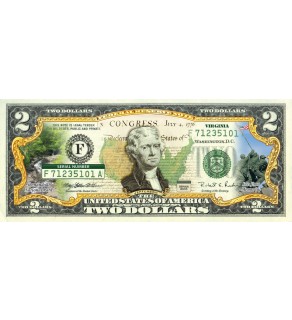 VIRGINIA State/Park COLORIZED Legal Tender U.S. $2 Bill with Security Features
