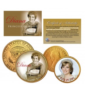 PRINCESS DIANA - 50th Birthday - British Half Penny & JFK Half Dollar 2-Coin Set 24K Gold Plated