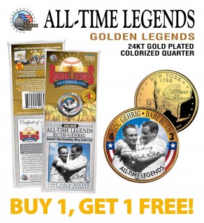 LOU GEHRIG & BABE RUTH Golden Legends 24K Gold Plated State Quarter US Coin - BUY 1 GET 1 FREE - bogo