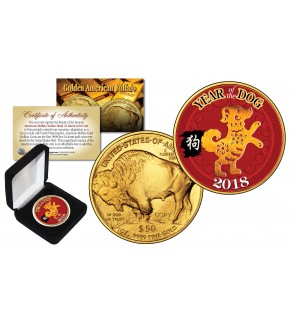 2018 Chinese New Year * YEAR OF THE DOG * 24 Karat Gold Plated $50 American Gold Buffalo Indian Tribute Coin with DELUXE BOX