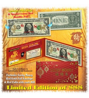 24KT GOLD 2018 Chinese New Year - YEAR OF THE DOG - Legal Tender U.S. $1 BILL * Limited & Numbered of 888 * $1 Lucky Money **SOLD OUT ***