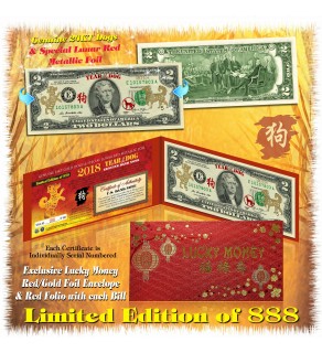 24KT GOLD 2018 Chinese New Year - YEAR OF THE DOG - Legal Tender U.S. $2 BILL * Limited & Numbered of 888 * $2 Lucky Money **SOLD OUT**