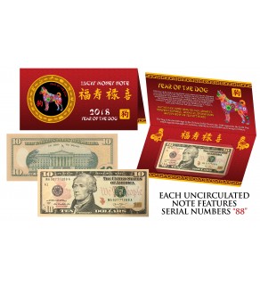 2018 CNY Chinese YEAR of the DOG Lucky Money S/N 88 U.S. $10 Bill w/ Red Folder