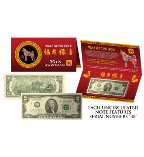 2018 CNY Chinese YEAR of the DOG Lucky Money S/N 88 U.S. $2 Bill w/ Red Folder (QTY 10) 