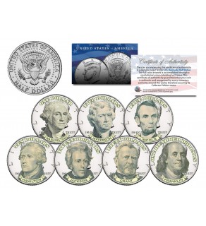U.S. BANKNOTES PORTRAIT DESIGN - Exclusive - Colorized JFK Half Dollar U.S. 7-Coin Set
