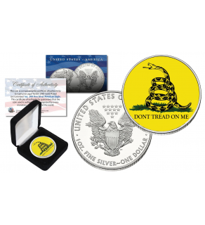 GADSDEN FLAG " Don't Tread On Me " Colorized 1 oz. PURE SILVER AMERICAN U.S. EAGLE in Deluxe Black Felt Coin Display Gift Box