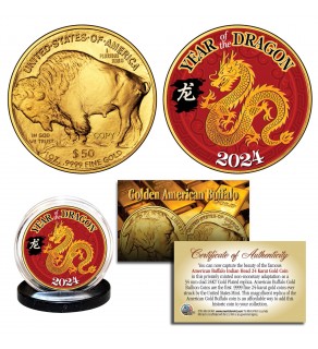 2024 Chinese New Year * YEAR OF THE DRAGON * 24 Karat Gold Plated $50 American Gold Buffalo Indian Tribute Coin