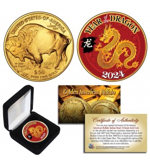 2024 Chinese New Year * YEAR OF THE DRAGON * 24 Karat Gold Plated $50 American Gold Buffalo Indian Tribute Coin with DELUXE BOX