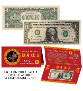 2024 CNY Chinese YEAR of the DRAGON Lucky Money S/N 88 U.S. $1 Bill w/ Red Folder