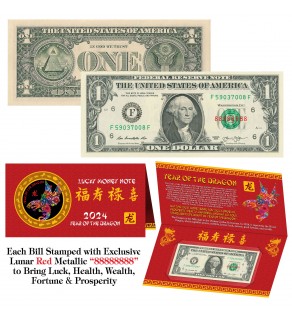 2024 Chinese Lunar New Year YEAR of the DRAGON Red Metallic Stamp Lucky 8 Genuine $1 Bill w/Folder 