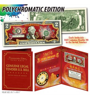2024 Chinese New Year * YEAR OF THE DRAGON * POLYCHROMATIC 8 COLORIZED DRAGONS U.S. $2 BILL in Large Collectors Folio Display