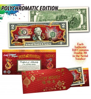 2024 Chinese New Year * YEAR OF THE DRAGON * POLYCHROMATIC 8 COLORIZED DRAGONS Genuine Legal Tender U.S. $2 BILL - $2 Lucky Money with Red Envelope