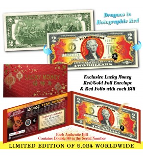 2024 Chinese New Year - YEAR OF THE DRAGON - Red Hologram Legal Tender U.S. $2 BILL - $2 Lucky Money with Red Envelope - LIMITED & NUMBERED of 2,024 Worldwide