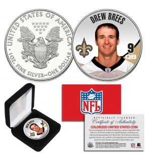 DREW BREES New Orleans Saints NFL 1 oz PURE SILVER AMERICAN U.S. EAGLE in Deluxe Black Felt Coin Display Gift Box
