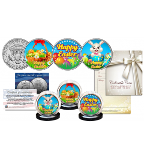 HAPPY EASTER Bunny / Eggs / Holiday JFK Kennedy Half Dollars U.S. 3-Coin Set with COA