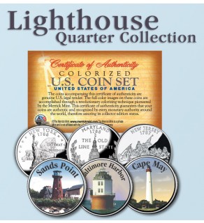 Historic American - LIGHTHOUSES - Colorized US Statehood Quarters 3-Coin Set #2 - Sands Point (NY) Baltimore Harbor (MD) Cape May (NJ). 