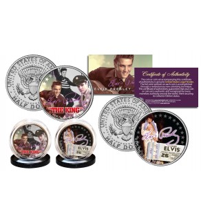 ELVIS PRESLEY - The King & Last Concert- Colorized JFK Kennedy Half Dollar US 2-Coin Set with Stands- Officially Licensed