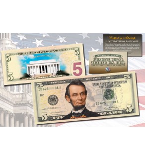 LINCOLN MEMORIAL DAY VERSION Genuine Legal Tender COLORIZED 2-Sided $5 US Bill