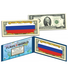 RUSSIA - Official Flags of the World Genuine Legal Tender U.S. $2 Two-Dollar Bill Currency Bank Note