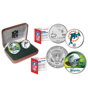 MIAMI DOLPHINS - NFL 2-COIN SET State Quarter & JFK Half Dollar in Exclusive Football Pigskin Display Box OFFICIALLY LICENSED
