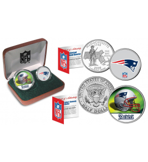 NEW ENGLAND PATRIOTS - NFL 2-COIN SET State Quarter & JFK Half Dollar in Exclusive Football Pigskin Display Box OFFICIALLY LICENSED