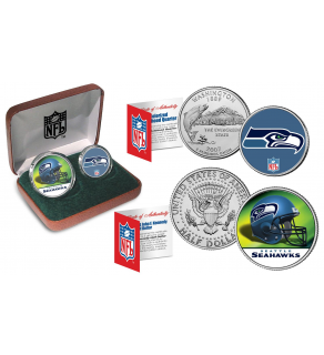 SEATTLE SEAHAWKS - NFL 2-COIN SET State Quarter & JFK Half Dollar in Exclusive Football Pigskin Display Box OFFICIALLY LICENSED