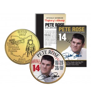 PETE ROSE - Hall of Fame - Legends Colorized Ohio State Quarter 24K Gold Plated Coin