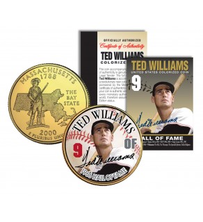 TED WILLIAMS - Hall of Fame - Colorized Massachusetts State Quarter 24K Gold Plated Coin