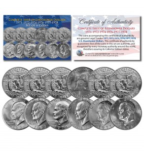 EISENHOWER IKE DOLLARS 6-COIN SET Complete Set of all 6 Years 1971-1978 with COA