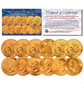 EISENHOWER IKE DOLLARS 24K GOLD Clad 6-COIN SET Complete Set of all 6 Years 1971-1978 with COA