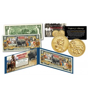 FAMOUS NATIVE AMERICANS Buffalo Bison Official U.S. $2 Bill with Jim Thorpe Sacagawea 2018 US Mint Dollar Coin