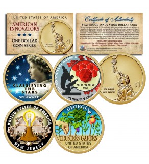 Set of ALL 4 American Innovation COLORIZED 2019 Statehood $1 Dollar Uncirculated Coins - DELAWARE , PENNSYLVANIA, NEW JERSEY & GEORGIA