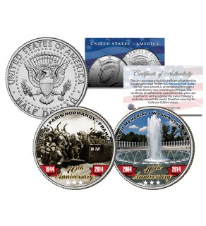 World War II D-DAY & WWII Memorial - Anniversary - JFK Kennedy Half Dollar Colorized 2-Coin Set