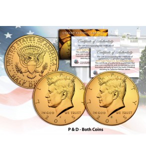 24K GOLD PLATED 2015 JFK Kennedy Half Dollar US 2-Coin Set - P&D MINT - with Capsules