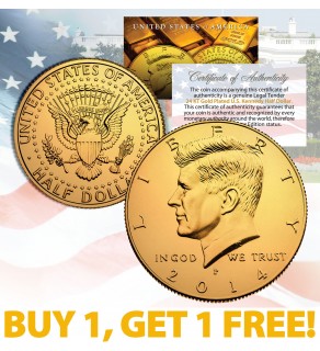 24K GOLD PLATED 2014 JFK Kennedy Half Dollar Coin w/Capsule - BUY 1 GET 1 FREE - bogo