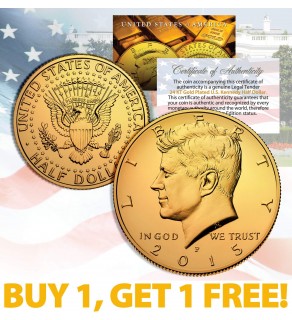 24K GOLD PLATED 2015 JFK Kennedy Half Dollar Coin w/Capsule - BUY 1 GET 1 FREE - bogo