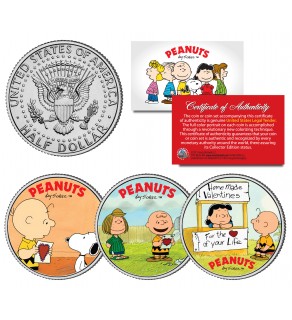 PEANUTS VALENTINES - Snoopy - Lucy - Peppermint Patty - Charlie Brown - JFK Half Dollar US 3-Coin Set - Officially Licensed