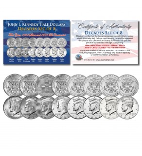 JFK John F. Kennedy Half Dollars Decades Collection 8-Coin Complete Set of 8 YEARS Uncirculated with 1964 Silver
