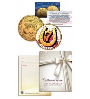 LUCKY NUMBER 7 HORSESHOE Kennedy JFK Half Dollar U.S. 24K Gold Plated LUCKY COIN