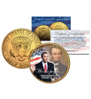 BARACK OBAMA with Abraham Lincoln - Inauguration - 2009 JFK Half Dollar US Coin 24K Gold Plated