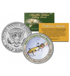MILLER'S ORIGINAL WOOD MINNOW Antique Fishing Lures JFK Kennedy Half Dollar US Coin