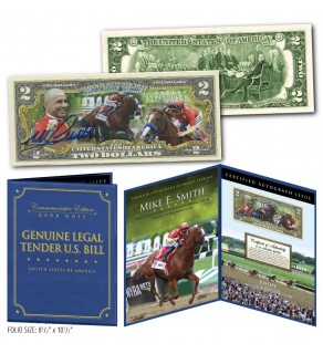 JUSTIFY Thoroughbred Horse with Hall of Fame Jockey MIKE SMITH Genuine Colorized $2 Bill in Large Display Folio - AUTOGRAPHED BY MIKE SMITH