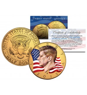 Colorized - FLOWING FLAG - 2015 JFK Kennedy Half Dollar US Coin D Mint - 24K Gold Plated